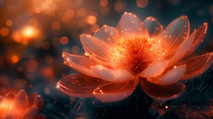 Shiny Orange Flower on a Dark Blurred Backdrop with Orange Bokeh Lights