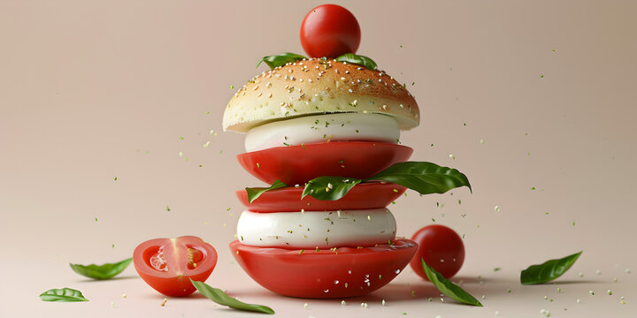 Italian caprese salad with mazzarella cheese, tomatoes and basil, Stack of tomatoes with mozarella cheese and basil leave