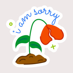 A handy flat sticker of wilted flower with sorry typography 
