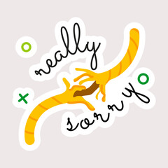 A flat sticker depicting naked wire with sorry typography 