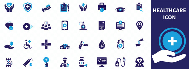 Healthcare icon set. Containing treatment, prevention, medical, health, diagnosis, report, illness, injury and more. Solid vector icons collection.