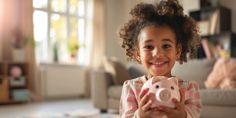Saving concept - pretty girl holding piggy bank