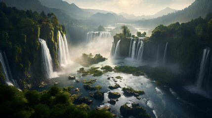 An aerial view of a majestic waterfall cascading into a serene lake, surrounded by lush forests, under the soft light of the early morning sun. - Powered by Adobe
