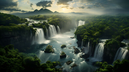 An aerial view of a majestic waterfall cascading into a serene lake, surrounded by lush forests, under the soft light of the early morning sun.