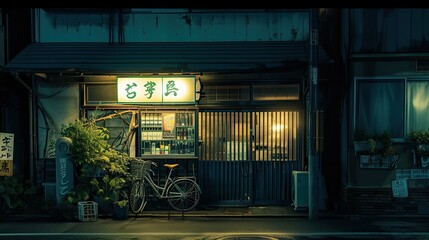 A charming night view, featuring a quaint pharmacy and a glowing lantern. - obrazy, fototapety, plakaty