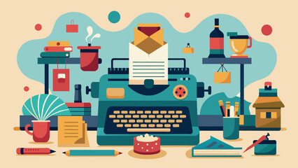A workshop for aspiring writers decorated with an assortment of vintage typewriters that serve as constant motivation.. Vector illustration