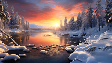 An early morning view of a calm, clear river flowing gently through a snowy landscape, with the pink and orange hues of sunrise reflecting off the water and snow-covered banks.