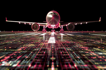 airplane in the dark with binary code on the background, Airplane flying in the night sky with lights