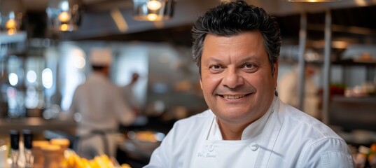 Fototapeta premium Professional portrait of a cheerful male chef smiling in a busy restaurant kitchen