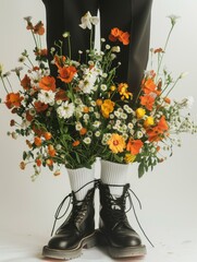 A bouquet of flowers is inserted into white socks and black boots. Legs of a model on a white background. Photography in fashion editorial style.