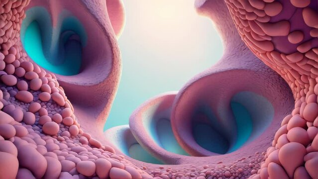 Pink and blue alien landscape with smooth and bumpy textures. AI.