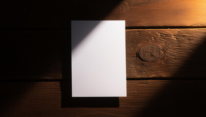Mock-up of white blank card sheet of paper on dark wooden table. Postcard template. Top view