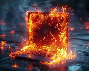 A laptop is on fire with sparks flying everywhere