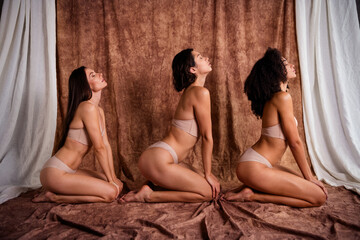 Side photo of group three girls booty ass pants models sit floor in lingerie self love isolated on...