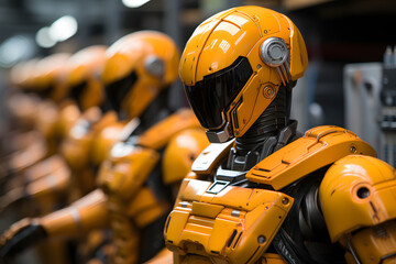 A Row of Bright Yellow Robot Suits Standing in Unity