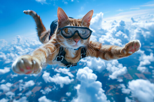 Adventurous cat skydiving with goggles against a backdrop of fluffy white clouds in a clear blue sky.