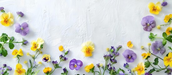 Arrangement of flowers featuring yellow and purple blooms against a white backdrop. Representing the essence of spring and Easter, this flat lay image offers a top-down view with room for text.