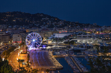 Cannes France Cote d'Azur.View of the city and port at night in Cannes.