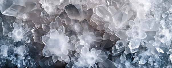 White crystals, closeup macro detail, shape looks like flower - abstract crystalline background. Generative AI