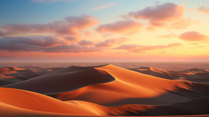 An expansive view from atop a tall dune in the middle of a desert at sunrise, where the early light reveals a sea of sand waves, their edges highlighted in gold, stretching into infinity.