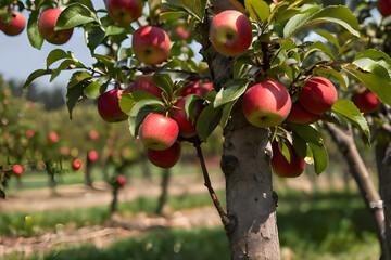 Red apples on tree ready to be harvested. Ripe red apple fruits in apple orchard. Selective focus