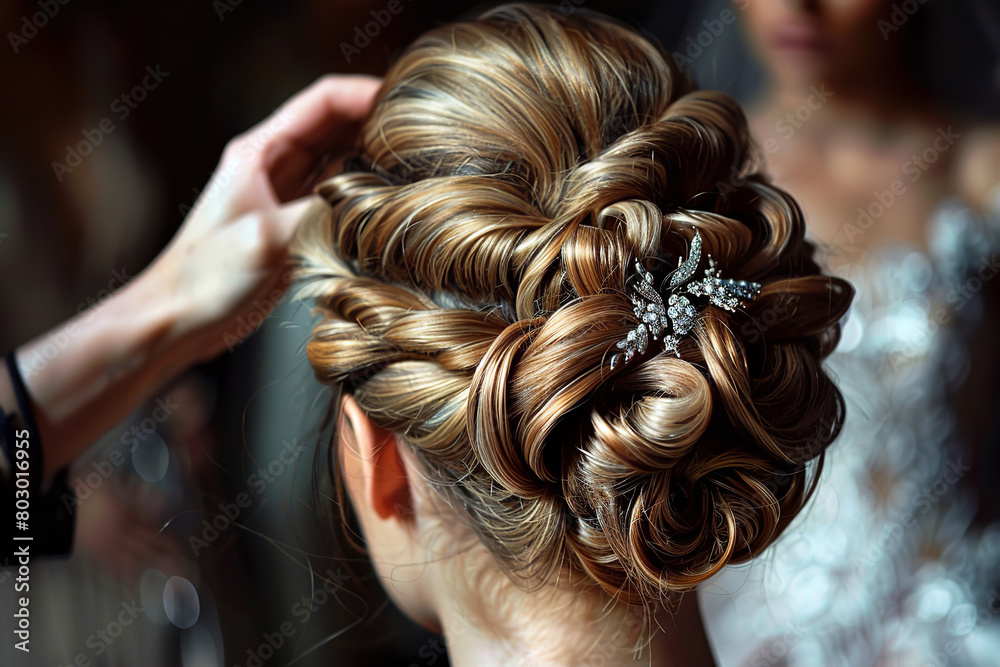 Poster A stylist uses advanced thermal tools to craft sophisticated updos for a wedding party - demonstrating technical skill and precision