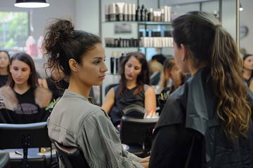 Fototapeta premium A beauty school conducts a hair styling tutorial for aspiring stylists - focusing on cutting-edge techniques and creativity
