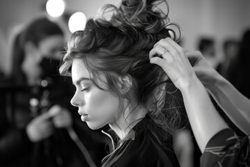 Hairstylists prepare fashion models with complex hairstyles for a major runway show - complementing high-fashion looks