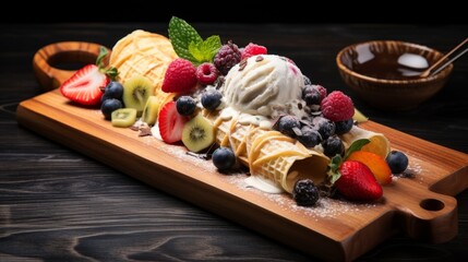 Wooden tray with pancakes and fruits with ice cream.