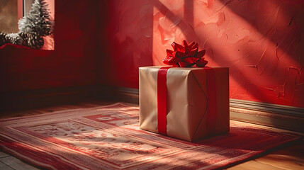 Beautifully Wrapped Minimalist Christmas Gift on White Canvas for Designers and Advertisers - obrazy, fototapety, plakaty