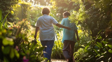 Elderly couple walking through a lush garden