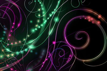 Electric neon swirls with green and purple glowing lines and circles. Abstract art on black background.