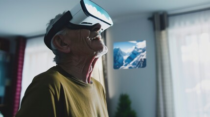 Elderly man using VR headset indoors