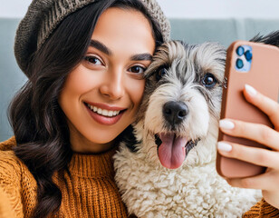 Smiling cheerful young woman brunette taking selfie on phone with loving dog