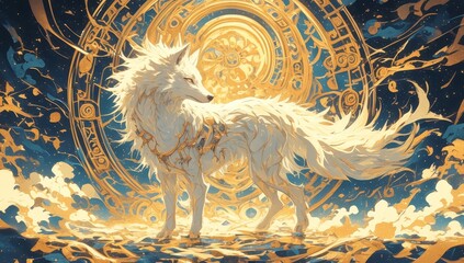 Naklejka premium A white fox with golden eyes in a monk's robe is flying through the sky, surrounded by clouds and flames.