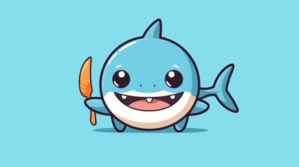 Cute shark holding fork and knife cartoon vector icon illustration animal food icon isolated flat
