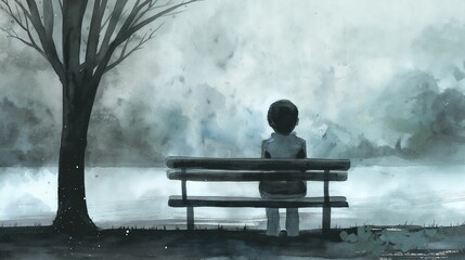 Watercolor illustration of a solitary figure sitting on a park bench in a misty setting.