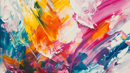 Abstract expressionist acrylic paint strokes in vibrant colors on canvas.