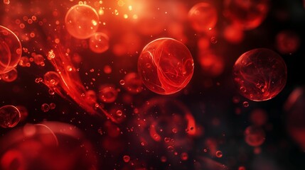 Digital artwork of abstract microscopic red cells and particles in a dynamic flow.