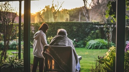 Elderly Woman and Caregiver in Garden at Sunset