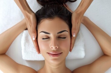 A beautiful woman is lying on her back, with both hands placed above her head to craft facial massage