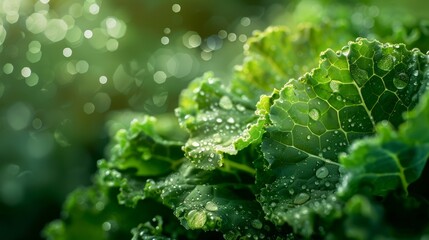 Radiant close-up of kale leaves delicately adorned with morning dew, showcasing their intricate texture and vibrant green hue. Generative Ai