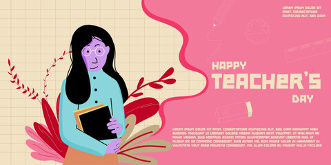 Happy Teachers Day banner poster Design with teacher character art vector illustration.