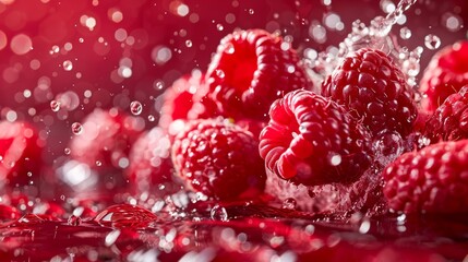 Luscious raspberries drenched in sparkling water droplets, vividly captured against a rich red background. Generative Ai