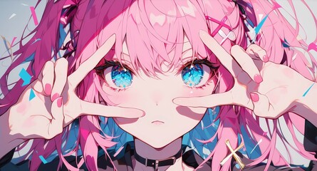 An anime girl making the sign with her fingers, with pink hair and blue eyes, cute, kawaii 