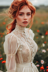 Beautiful young red-haired bride with freckles in a white wedding dress walking in a summer flower field