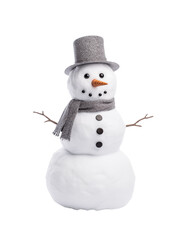 Fototapeta premium A charming snowman adorned with a knitted hat and scarf isolated on a transparent background, radiating winter joy. Generative AI