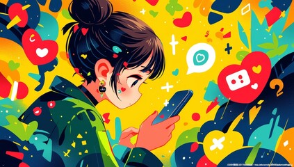 Girl is holding her phone, surrounded by social media icons on the screen. The background of an illustration features colorful abstract shapes with yellow as its main color tone. 