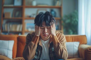 Unhealthy man feel stressed suffer from migraine or headache at home.