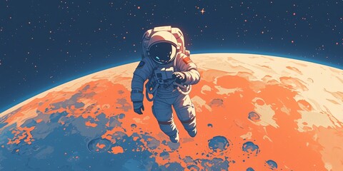 An astronaut floating in space with planet Mars in the background. 